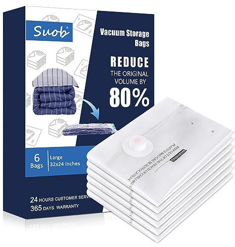 Suob Vacuum Storage Bags - Eco-Friendly Compression Bags for Space Saving, Ideal for Bedding, Pillows, Clothes and Blankets - 6 Pack Large Vacuum Seal Bags for Home Organization and Storage