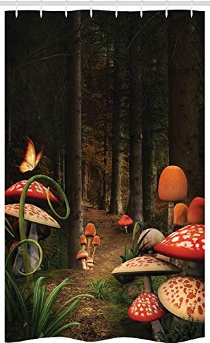 ABAKUHAUS Pilze Schmaler Duschvorhang, Dunkel Wald Baum Illustration, Badezimmer Deko Set aus Stoff mit Haken, 120 x 180 cm, Rot Grün Braun