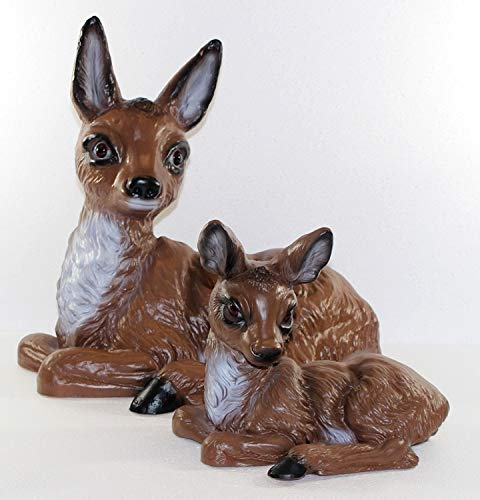 RAKSO Deko Garten Figur Gartenfigur Tierfigur REH und Bambi Rehkitz liegend als Satz aus Kunststoff Höhe 20-35 cm