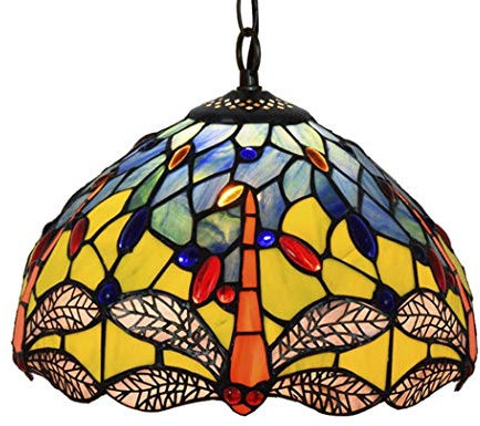 Yjmgrowing Retro Blue Dragonfly Tiffany Style Pendelleuchten Lampe in handgefertigten Glasmalerei Kronleuchter Beleuchtung für Dining Room Kitchen Island Decken-Hängelampen,220 V, E27,40 W,12inch