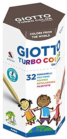 GIOTTO Turbocolor Skin Tones Dose mit 32 Stück (4 x 8 sortierte Farben), Fasermaler in Hautfarben, feine Spitze, Durchmesser Spitze 2,8 mm, Verpackung aus 100% recyceltem Karton