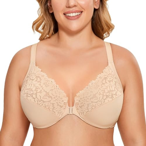 DELIMIRA Women's Front Fastening Bra Racer Back Lace Plus Size Non Padded Underwired Beige 34DD