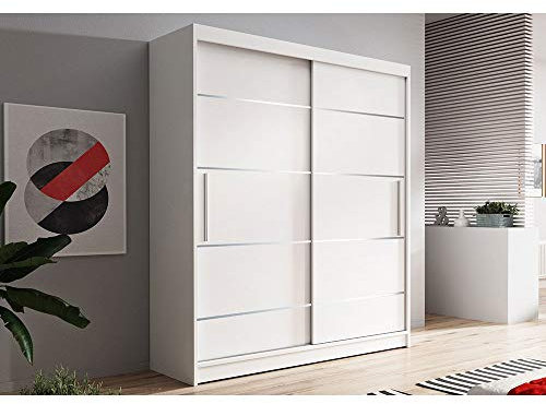 MOEBLO Kleiderschrank Schwebetürenschrank 2-türig Schrank mit vielen Einlegeböden und Kleiderstange Gaderobe Schiebtüren BxHxT 120x200x61 - NOAH 6 (weiß + weiß)