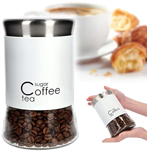 KADAX Glasbehälter, Behälter für Kaffee, Blättertee, Kaffeebehälter, Teebehälter, Zuckerbehälter, Frischhaltedosen, Vorratsdosen (1000ml, weiß)