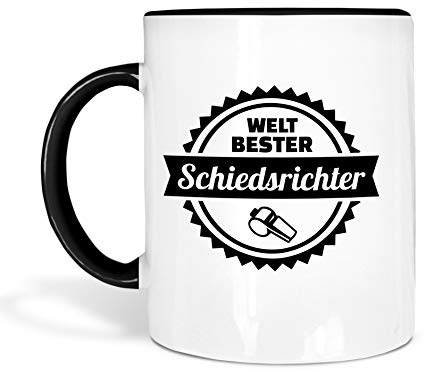 Tasse Kaffeebecher Weltbester Schiedsrichter 330 ml Kaffeetasse Hingucker für Spiele und Lehrabende genug Kaffee Tampondruck Schwarz/Weiß Pfeife