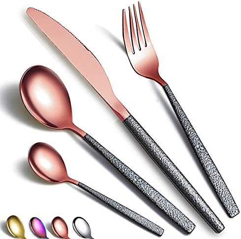 HOMQUEN Juego de Cubiertos, 24 Piezas, Revestimiento de Cabeza de Oro Rosa con Mango Negro Mars, Acero Inoxidable, Cobre, Chapado en Titanio, Cuchillos, cucharas, Tenedores, Servicio para 6