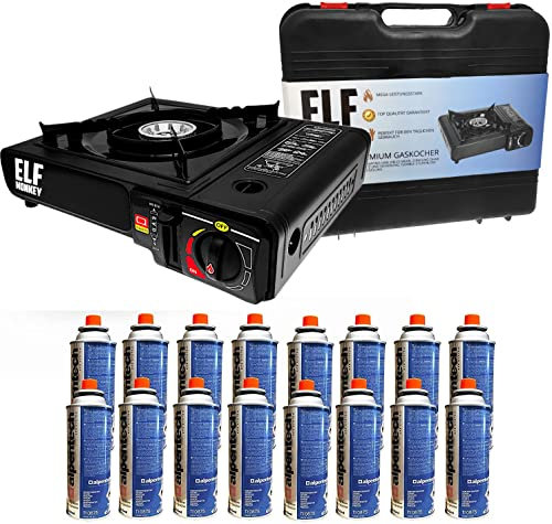 Elfmonkey Gaskocher mit Koffer inklusive 16 Gaskartuschen | Ideal für Camping oder Fondue | Überhitzungsschutz | Gaskoffer Gas Kocher Grill Campingkocher