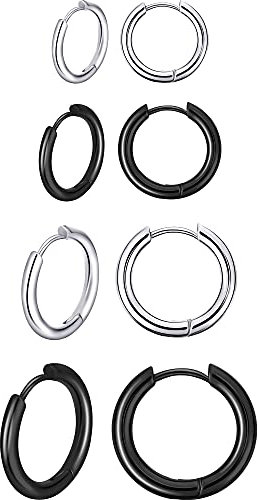 4 Paare Edelstahl Creolen Ohrringe Kleine Knorpel Hoop Ohrringe Nase Lippen Ringe für Männer und Damen (12 mm, 14 mm, 16 mm, 18 mm, Stahlfarbe, Schwarz)