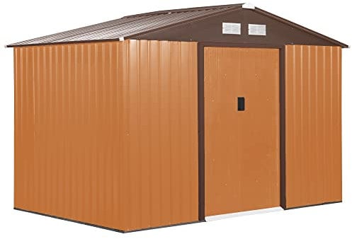 Outsunny Gerätehaus 4,9 m², Gartenhaus mit Satteldach, Schiebetür, Fundament, 277 x 195 x 192 cm, Geräteschuppen aus Verzinkter Stahl, wetterfest, für Garten, Gelb