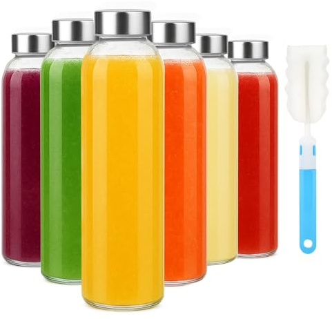 Sursip 18oz Glass Water Bottle Set of 6, Clear glass juice bottle for juicing,Reusable Drinking Bottles with Stainless Steel Lid,Beverage Storage Containers for Refrigerator-BPA Free,Leak Proof