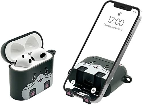 AirStand - AirPods 3 Case Cover mit unsichtbarem Telefonständer, kompatibel mit AirPods 3, voller Schutz stoßfestes Gehäuse mit Schlüsselanhänger Karabiner (Katze)