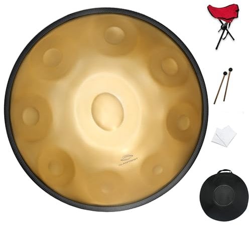GLADFRESIT 432hz Handpan Steel Drum 9 Notes 22inch GOLD Performer in D Minor with handpan stand, handpan case, durable mallets and dust-free cloth (432 Hz)