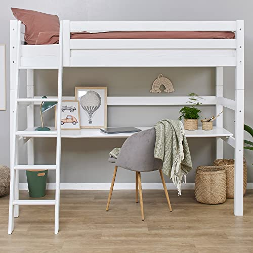 Hoppekids ECO Luxury Hochbett mit Schreibtisch | Kinderbett/Jugendbett 90x200 | Zum Einzelbett umbaubar | Weiß mit Schräger Leiter | Inklusive Lattenrost