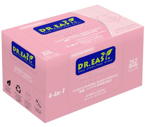 Feuilles assouplissantes DR.EASY Formule à base de plantes 252 unités Feuilles assouplissantes pour linge super attentionnées Parfumées aux huiles essentielles Sans parfums artificiels Sans colorants