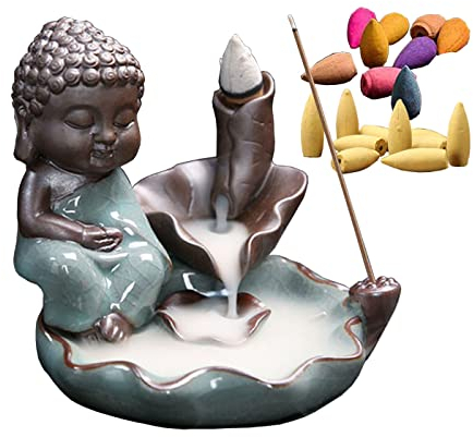 Backflow Incense Burner, Keramik Räucherstäbchenhalter und Buddha Statue 20 Pcs Free Cones für Home Meditation Decor Yoga Aromatherapie Ornament