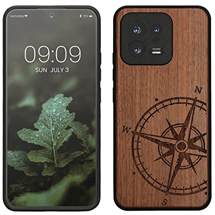 kwmobile Hülle kompatibel mit Xiaomi 13 5G Hülle - Holz Case - Handy Cover - TPU Handyhülle in Dunkelbraun Kompass Vintage