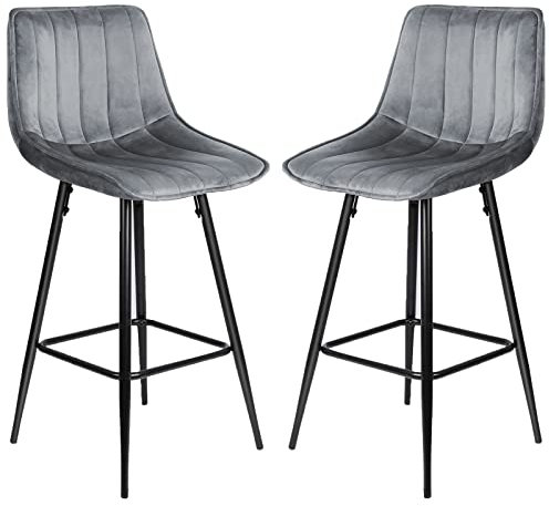 WANZHE 2 Stück Barhocker Design Hochstuhl für Bistro Bar Sitz aus Samt mit Fußstütze Metallrahmen Höhe der Beine 64 cm (2, A, Dunkelgrau)