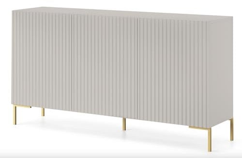 Selsey Kommode Schrank Aufbewahrungsschrank 140 cm 3 Türen 6 Fächer Graubeige Goldene Beine Lammelo