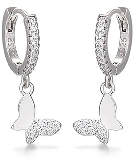Kleine Kreise Ohrringe mit Schmetterlingstropfen - 925 Sterling Silber Damen Schmuck, Hypoallergen - 2 Stück