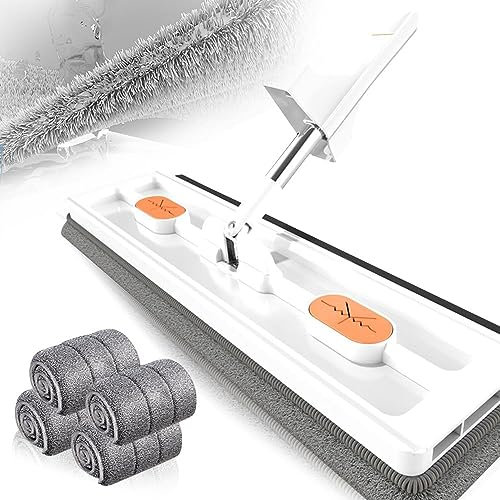 Trapeador plano grande, fregona rascadora de deshidratación autónoma, fregona de mango largo de acero inoxidable con rotación de 360° con almohadillas de microfibra (16.5 x 54 pulgadas) (blanco, con 4
