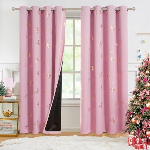 Jubilantex Rose Pink Metallic Butterfly Blackout Curtains 95 Long for Girls Bedroom Living Room Nursery Window Curtains with Black Layer,Grommet Top