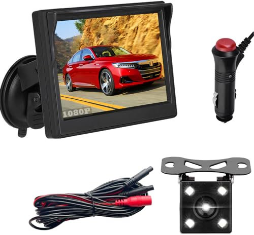 AHD Car Reversing Camera Kit, 5 Inch AHD IPS Car Monitor Waterproof Night Vision 1080P Rear View Backup Camera System with Cigarette Lighter Adjustable Parking Assist Line, Easy to Install