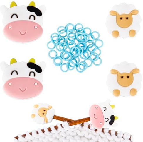 SUNNYCLUE 1 Box 54 Stück Stricknadelspitzenschutz Maschenstopper Schaf Kuh Niedliche Silikon Tiernadelstopper Schutz Endkappen Runde Häkelmarkierungen Zum Häkeln Quilten Stricknadeln
