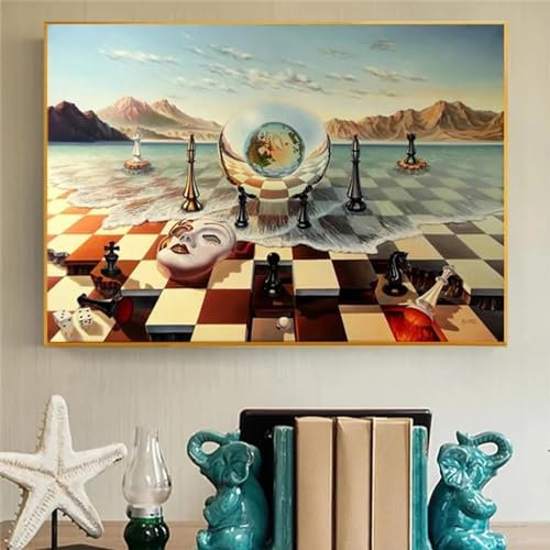 HOLEILUCK Salvador Dali Surréalisme Masque d'échecs sur la mer Impressions sur toile Peinture Art mural abstrait Bizarre Cadre doré Impressions Photo 75x125 cm/30x49 pouces avec cadre doré