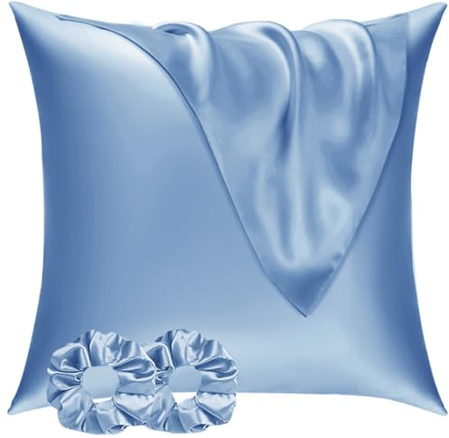 Vielit Satin Kissenbezug 80x80 2er Set & 2 Haargummis, Satin Kopfkissenbezug 80x80 Blau, Weich wie Seidenkissenbezug 80x80,Bessere Pflege als Silk Pillosecase,Kissenbezug für Haar und Haut