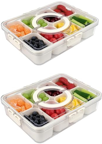 Snackschale Servierplatte, Servierbehälter für Süßigkeiten und Nüsse aus Kunststoff mit Deckel mit 8 Fächern, Snackteller Obstteller,Aufbewahrungsbox für Desserts, Gewürze (2 Pack-8 Compartment)