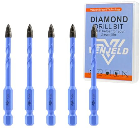 VENJELD Set de Foret Maçonnerie Sec - 5mm 5 Pièces Foret en Carbure pour Bois Plastique Carrelage Céramique Béton Marbre - Changement Rapide Tige Hexagonale avec étui de Rangement