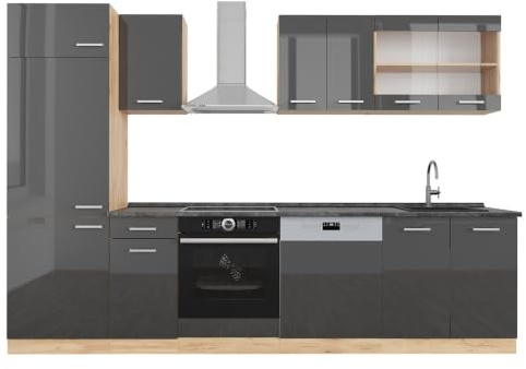 Vicco Küchenzeile R-Line, Anthrazit Hochglanz/Goldkraft Eiche, 300 cm | 8 Module · Höhenverstellbare Füße · Arbeitsplatte Anthrazit · Robuste Fronten · Mit Kühlschrankumbauschrank