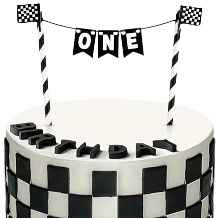 Rennauto-Kuchenaufsatz, Schwarz-Weiß Kariert Cars Geburtstagsdeko Torte Banner Schnell Eins Geburtstagsparty-Dekorationen für Jungen Mädchen Rennauto Thema, Party Zubehör