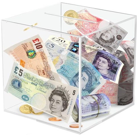Viitech Acryl Transparente Sparbüchse, 15 x 15 x 15 cm Muss zum Öffnen Zerbrochen Werden, Quadratische Durchsichtig Sparschwein aus Acryl für Budget und Sparen, Münzen und Bargeld