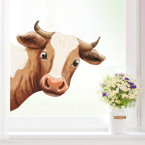 Wandtattoo Loft Fensterbild Kuh ins Fenster schauend braun reinschauend Kuhkopf wiederverwendbar Frühling Bauernhof Bulle Kalb, A4 Bogen