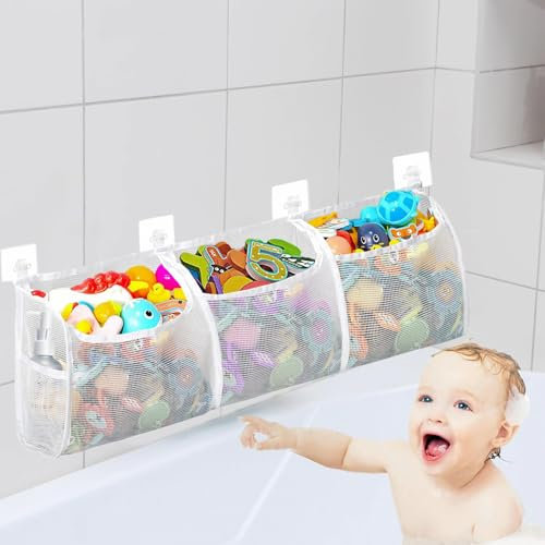 JUGGPENG Badewannenspielzeug Aufbewahrung Badewannen Netz Aufbewahrung Spielzeugnetz Badewanne mit 5 STK Häkchen, Netz für Badespielzeug 76x24cm für Aufbewahrung und Sortierung von Spielzeug