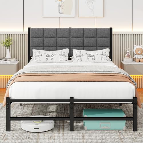 ARFARLY Double Bed Frame Upholstered Platform Bed with Square Tufted Headboard/Metal Slats Support/No Box Spring Needed/Underbed Storage/Easy Assembly/Dark Gray/Bed Frame Double Bed