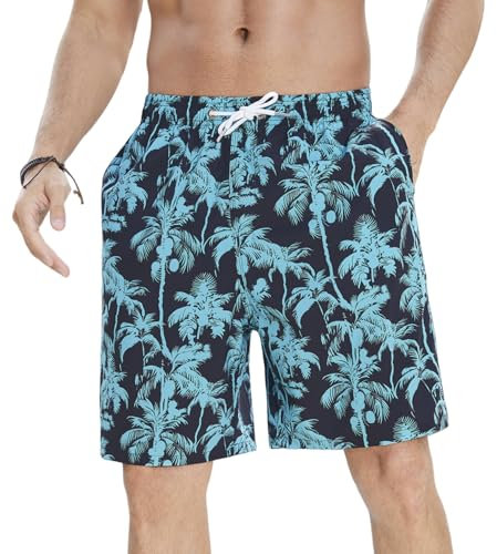 Enlision Short de Bain Homme Séchage Rapide Hawaïen Shorts de Plage Bermuda Été Léger Décontracté Bleu Palmier Coco Imprimé Maillot Piscine Surf Natation Vacances avec Doublure en Filet XL