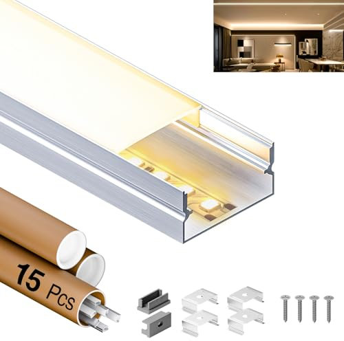 GEEKLUX LED Aluminium Profil 2m U Profil Aluminium, Led Trockenbauprofil für led Streifen/Liste/led profil, with Milchig Weißer Abdeckung - Endkappen und Montageclips (15 x 2m_(30m)_19.7×10 mm)