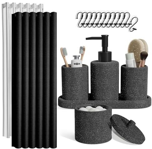 Clara Clark Bathroom Set - Coal Black Bathroom Accessories Set, 19PC Bathroom Accessory Set, Bathroom Sets with Shower Curtain Set, Soap Dispenser & Toothbrush Holder
