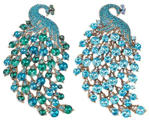 WEBEEDY 2 Farben Strass Pfau Brosche Pins Groß Vogel Broschen Mit Blauen Und Grünen Strasssteinen Feder Vintage Kragen Pins Dekorative Pins Für Kleid Kleidung Jubiläumsgeschenk