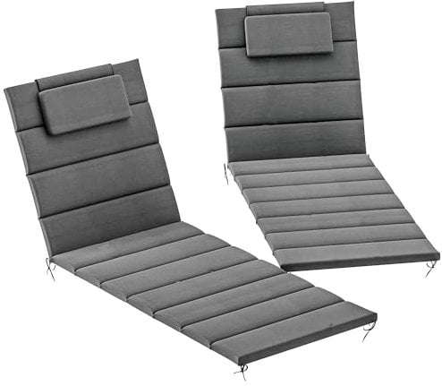 Outsunny Pack 2 Cojines para Tumbonas Plegables Colchonetas para Tumbonas de Jardín Exterior 203x66x3 cm con Reposacabezas y Correas de Sujeción Gris Oscuro