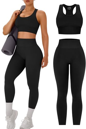 OLCHEE Womens Workout Sets 2 Piece - Acid Wash Seamless Yoga Outfits High Waist Leggings Padded Racerback Sports Bra Gym Set - Solid Black Medium