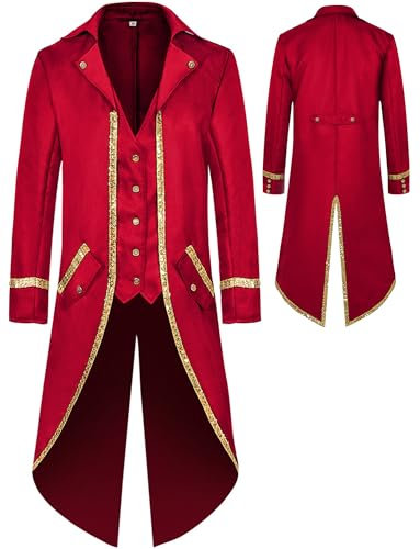 AIEOE Gothic Frack Herren Steampunk Jacke Smoking mit Gold Pailletten Vampir Mantel Viktorianisches Gehrock Rot Größe XXL