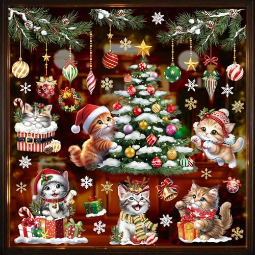 wondever Fensterbilder Weihnachten Katzen Weihnachtsbaum Weihnachtsdeko | Wiederverwendbar, Doppelseitig Statisch PVC Fensterdeko, Fensterfolie weihnachten selbstklebend für Winter Innen Dekoration
