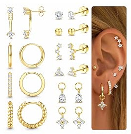 Chriscoco Ohrringe Gold Set 316L Chirurgenstahl Helix Piercings Medizinische Ohrstecker und Klein Creolen 14K Vergoldet Tragus Conch Piercing Ohr Gold Silber Ohrringe Set Für Damen-G
