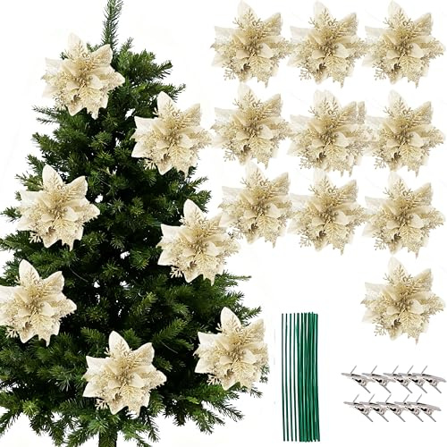 HanYun 10 Stücke Weihnachten Funkeln Weihnachtsstern Blumen mit 10pcs Kunststoff Rhizomen und Clips Künstliche Weihnachten Blumen für Weihnachtsblume Hochzeit Weihnachtsbaum (Goldene)