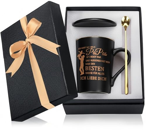 Lustige Geschenke Tasse, Geschenk für Freunde Freundin, Weihnachtsgeschenke für Fanartikel Männer, 400ML Keramik Marmorbecher mit Deckel, Löffel (Papa Geschenke)