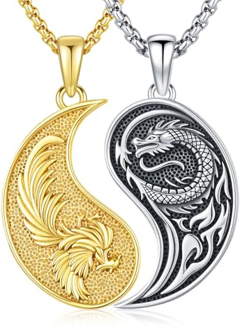 REDSUN Yin Yang Chaîne 925 Argent Sterling Yin Yang Couple de Dragons Phénix Pendentifs Chaînes de Partenaire pour Elle et Lui Pendentifs de Dragon Bijoux Cadeaux pour Femmes Hommes Couple