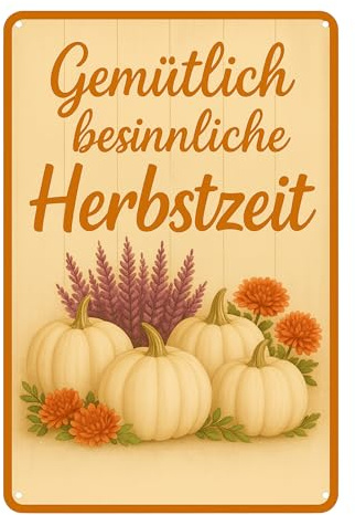 AstraDesign Blechschild „Gemütlich besinnliche Herbstzeit“ – Herbstdeko 20x30 cm – warmes Pumpkin & Blumen Motiv im Seasonal-Style
